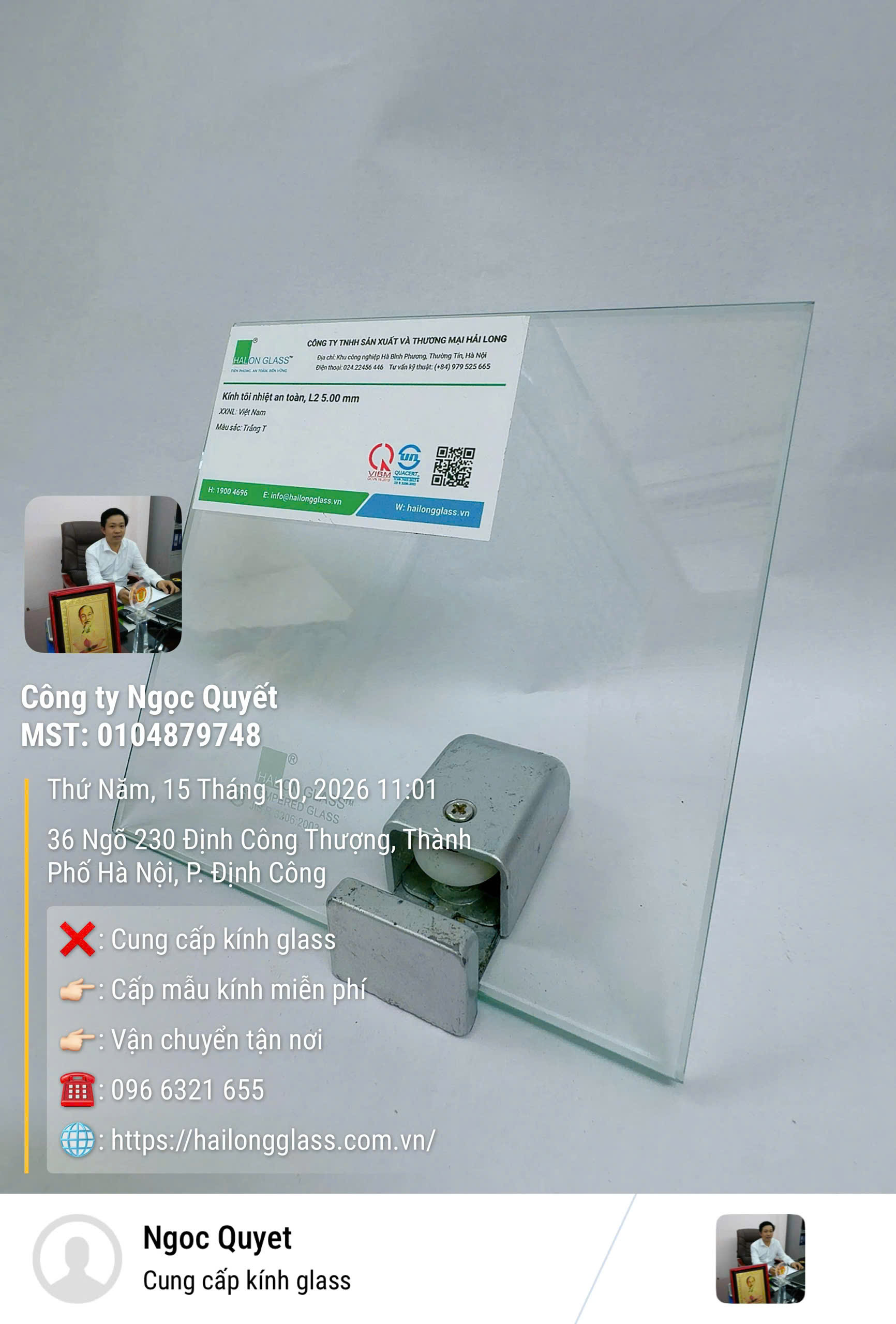 Tấm kính cường lực an toàn Hải Long Glass dày 5 mm kèm kẹp kính kim loại